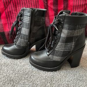 plaid heeled boots